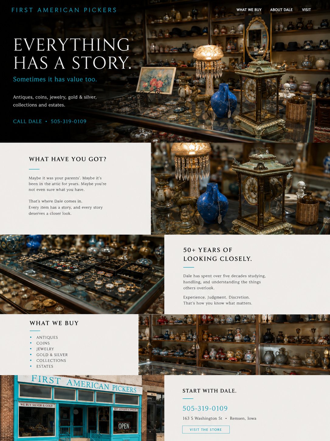 Website concept for First American Pickers showing a homepage design with the headline Everything Has a Story, sections for antiques, coins, jewelry, gold and silver, collections, estates, and the Remsen storefront