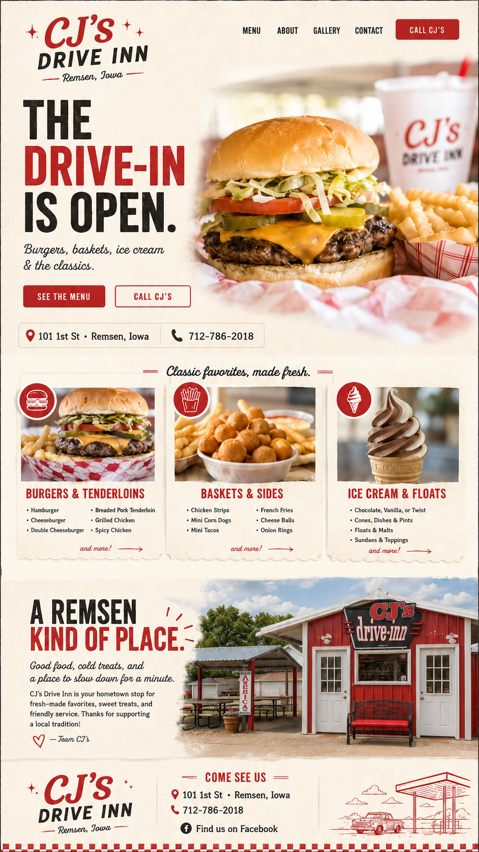 Website concept for CJ's Drive Inn showing homepage design with menu, location, and classic drive-in styling