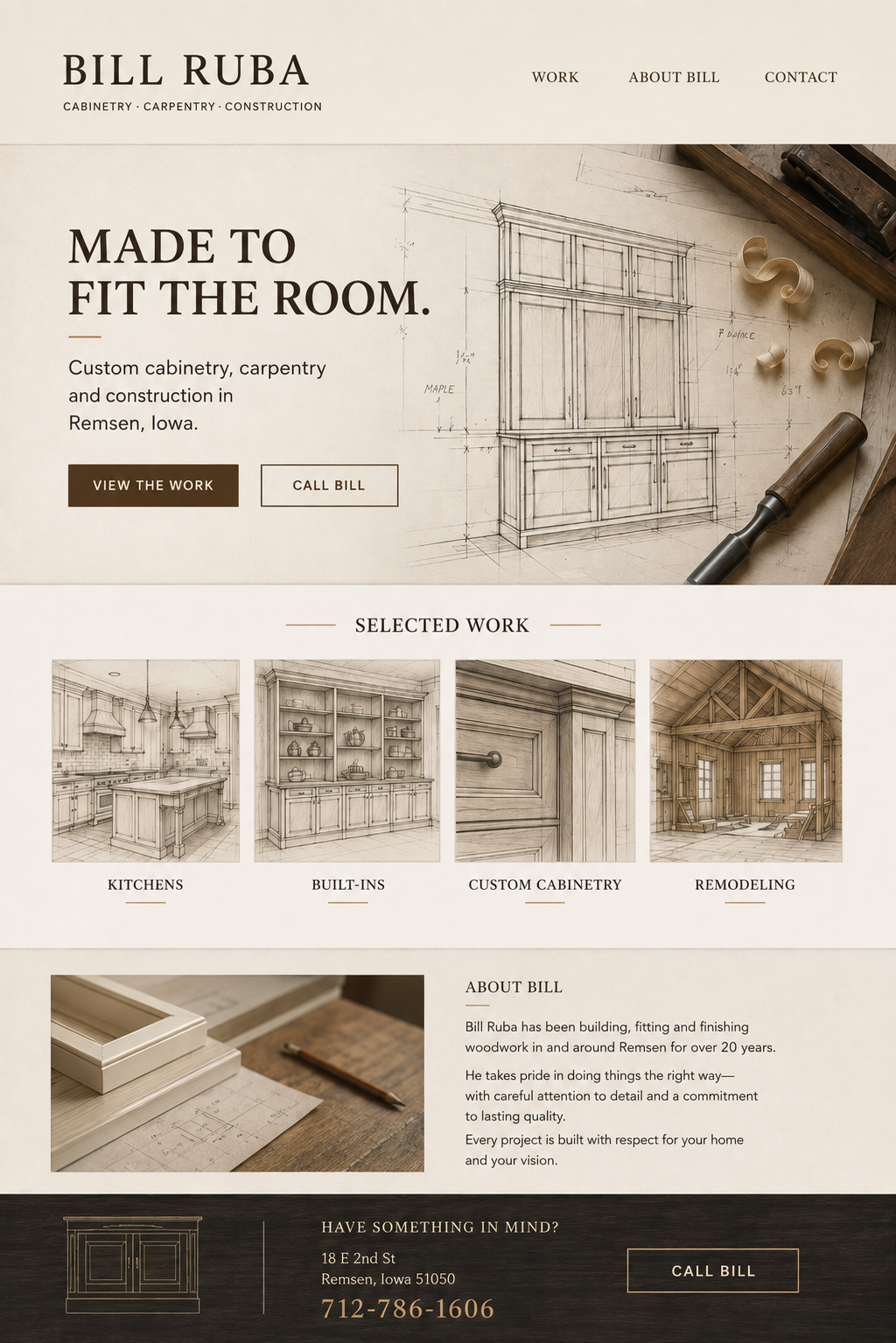 Website concept for Bill Ruba Cabinetry & Construction showing a homepage design for a cabinetry and construction business
