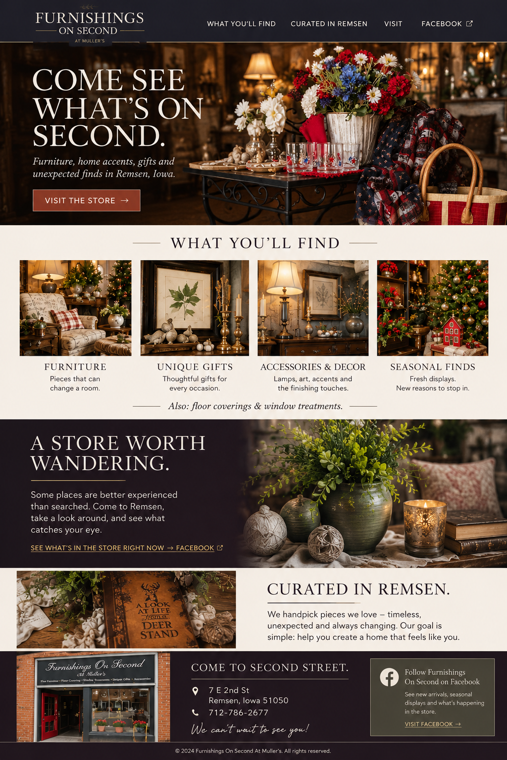 Website concept for Furnishings On Second showing a homepage design for a curated home goods and furniture store